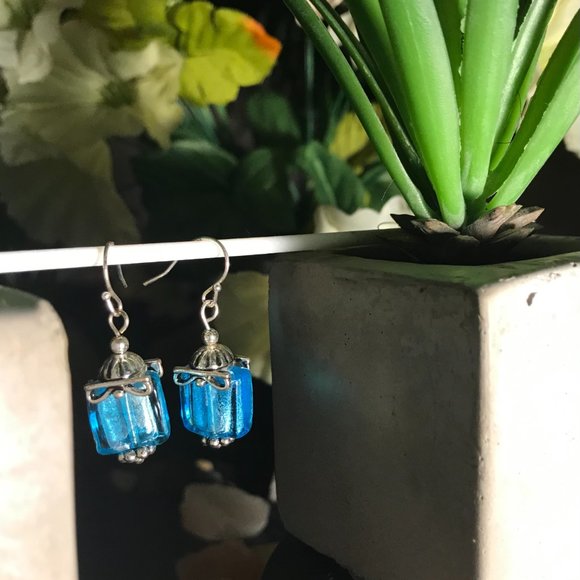 -Aqua Blue and Silver Reflective Dangling Earrings - Picture 6 of 6